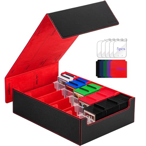 5 Row Trading Card Storage Box, 3800+Bulk Card Organizer Box with 20 Dividers & 5 Supporters, Graded Card Deck Box for YuGiOh, MTG, TCG Black/Red - color: Black/Red, size: 3800+-With Single Lid