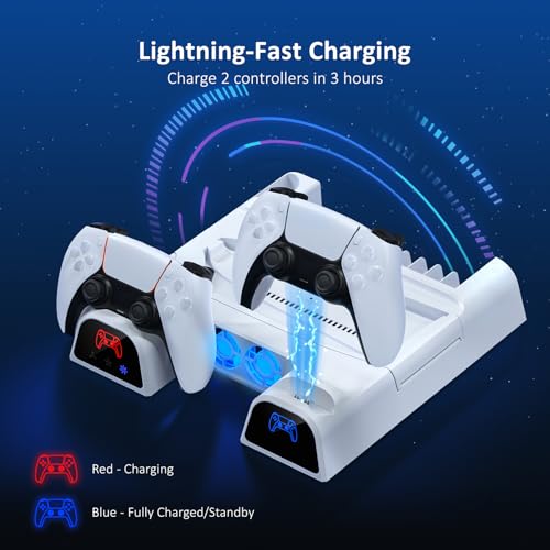 NexiGo PS5 / PS5 Slim Stand, Silent Cooling, Dual Controllers Charger for Playstation 5 Console, 3 Level Adjustable Fan Speed, PS5 / PS5 Slim Accessories, Headset and Remote Holder, White