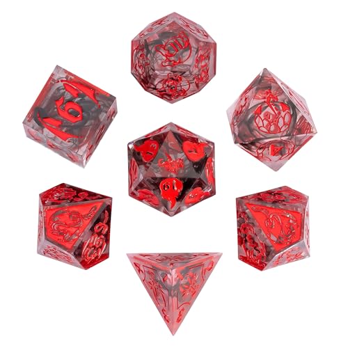 Cusdie 7-Piece Sharp Edges DND Dice Set with Dragon Pattern - Perfect for Tabletop RPGs Board Games Gifting and Collecting(Transparent Red with Balck Smoke) - color: Dragon Pattern Tr/R