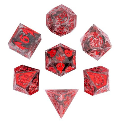 Cusdie 7-Piece Sharp Edges DND Dice Set with Dragon Pattern - Perfect for Tabletop RPGs Board Games Gifting and Collecting(Transparent Red with Balck Smoke) - color: Dragon Pattern Tr/R