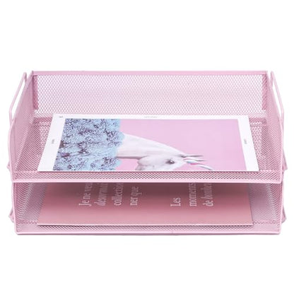 EASEPRES 2 Pack Stackable Desk Paper Tray, Metal Mesh Desktop Document Letter File Organizer for Office Home School, 13.5'' L x 9.75'' W x 5.5'' H, Pink - color: 2 Pack Pink