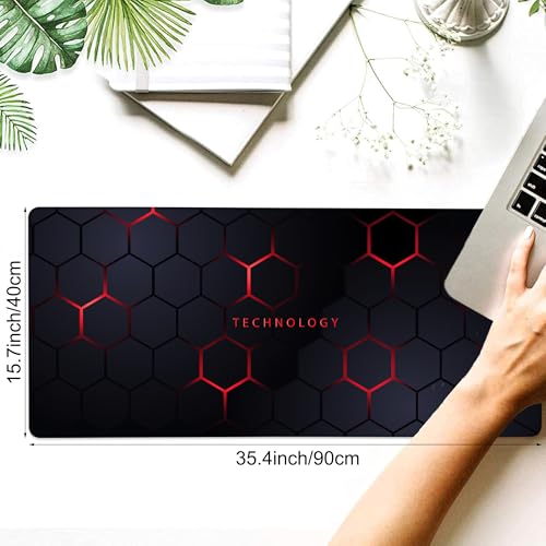 Desk Pad, Black and Red Honeycomb Hexagons Technology XXL Gaming Mouse Pad with Stitched Edges,Non-Slip Waterproof Rubber Base Large Desk Mat for Keyboard and Mouse 35.4"x15.7" - color: Colour14, size: 35.4" x 15.7"