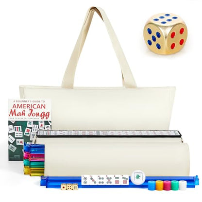 American Mahjong Tile Set, Mah Jong Set Complete with Bag, 166 White Tiles with Golden Dices for Travel, 4 All-in-One Mahjong Racks with Pushers (White) - color: White