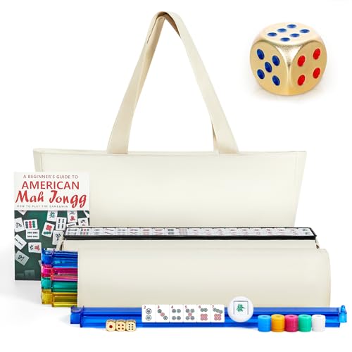 American Mahjong Tile Set, Mah Jong Set Complete with Bag, 166 White Tiles with Golden Dices for Travel, 4 All-in-One Mahjong Racks with Pushers (White) - color: White