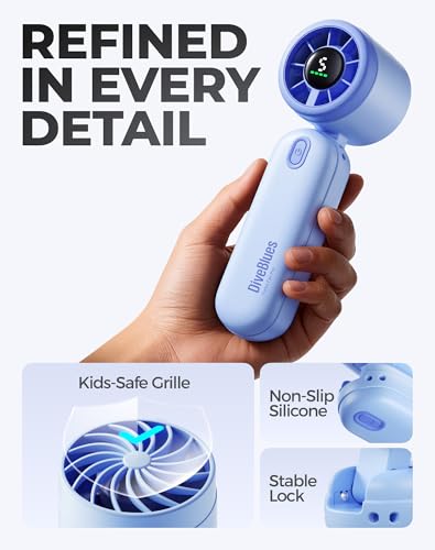 Diveblues Mini Handheld Fan, 30ft/s Portable Turbo Fan [12H Max Cooling], 4000mAh Personal Fan with LED Display, 3-in-1 Hand Held/Neck/Desk Fan for Travel, Cruise, Disney Essentials - color: Glacier Blue