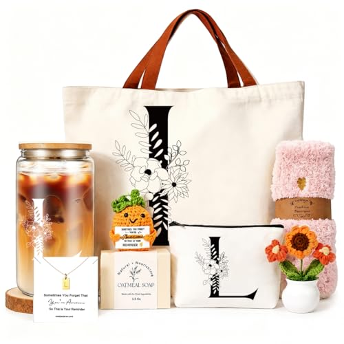 DHQH Birthday Gifts for Women, Monogrammed Gifts Gifts Box Included 16 oz Initial Glass Drinking Cup,Canvas Tote Bag, Personalized Iced Coffee Tumbler Gift for Women Her Mom Teacher Friends Sister, L - color: letter-cup-l