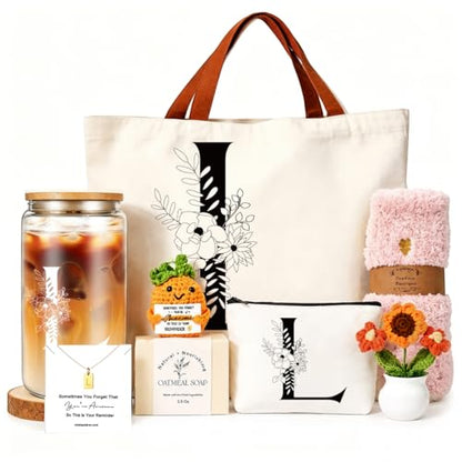 DHQH Birthday Gifts for Women, Monogrammed Gifts Gifts Box Included 16 oz Initial Glass Drinking Cup,Canvas Tote Bag, Personalized Iced Coffee Tumbler Gift for Women Her Mom Teacher Friends Sister, L - color: letter-cup-l