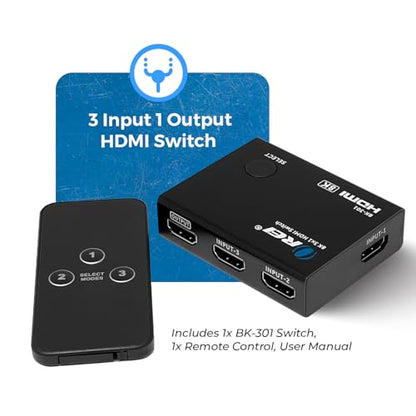 OREI 8K 3-Port HDMI 2.1 Switch, 3-in 1-Out, 8K@60Hz, CEC, HDR, IR Remote | hdmi switch with remote, hdmi switcher 3 in 1 out, 48Gbps, HDCP 2.3, 4K@120Hz/165Hz, PS5/Xbox - size: 3x1 8K HDMI Switch