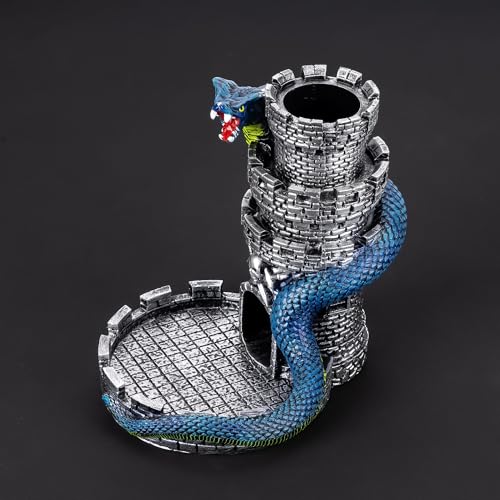 Castle DND Dice Tower Ancient Silver D&D Dice Rolling Tower for RPG | Snake Design, Resin, Dice Roller with Tray, Dungeons and Dragon DM Gift, DND Accessories, for Role Playing Game Tabletop Game - color: Ancient Silver