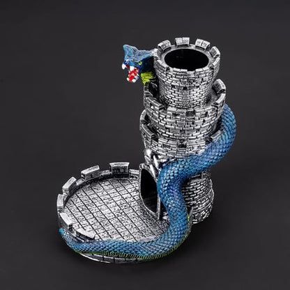 Castle DND Dice Tower Ancient Silver D&D Dice Rolling Tower for RPG | Snake Design, Resin, Dice Roller with Tray, Dungeons and Dragon DM Gift, DND Accessories, for Role Playing Game Tabletop Game - color: Ancient Silver