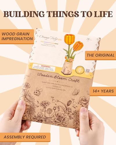 rowood Orange Tulip Wooden Flower,DIY Artifical Flower Building Set Craft Kit for Adults,Mother's Day/Valentine's Day for Mom/Women/Grandma - style: Orange Tulip