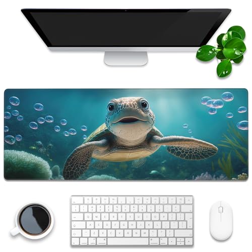 Desk Mat, Cute Turtle Smiling Under The Sea Extended Gaming Mouse Pad Large, 31.5"x11.8" Big Mouse Pad with Non-Slip Base and Stitched Edge, Long Computer Keyboard Mouse Mat for Home Office Work - color: Cute Sea Turtle, size: 31.5"x11.8"