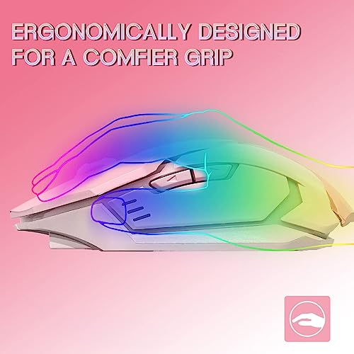 VEGCOO Pink Wireless Gaming Mouse, Silent Click Wireless Mouse with Colorful RGB LED Lights, Rechargeable Computer Mice with Side Buttons and 3 Level DPI, for Laptop and Desktop - color: Pink