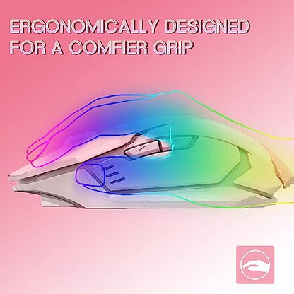 VEGCOO Pink Wireless Gaming Mouse, Silent Click Wireless Mouse with Colorful RGB LED Lights, Rechargeable Computer Mice with Side Buttons and 3 Level DPI, for Laptop and Desktop - color: Pink