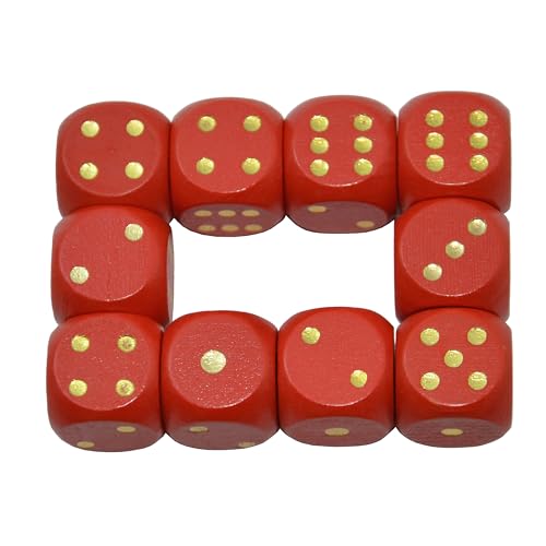 Set of 10 16MM Six Sided D6 Round Wooden Dice Set (red) - color: Red