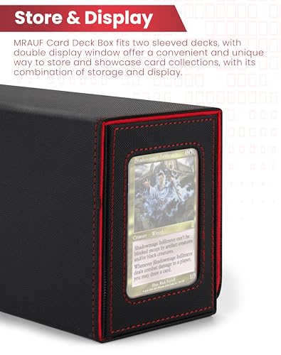 MRAUF MTG Deck Box with Double Commander Display and Dice Tray, Fits 200+ Double Sleeved Cards, Card Storage Box Plus 2 Magnetic Holders& 100Pcs Card Sleeves (Black& Red) - color: Black& Red