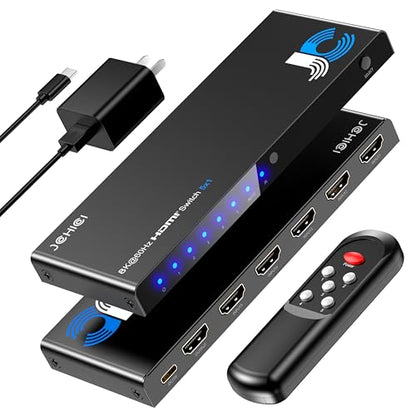 HDMI Switch 5 in 1 Out 8K@60Hz 4K@120Hz - HDMI 2.1 Switcher Splitter with Remote, Auto-Switching - Supports HDCP 2.3, HDR10, Dolby Vision, 3D, VRR - Compatible with PS5/Xbox/PC/Blu-ray Player - size: 8K HDMI Switcher 5 port