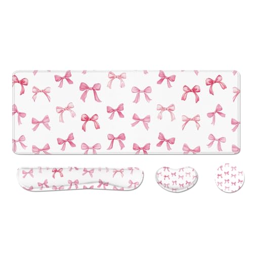 Desk Pad and Keyboard Wrist Rest, Large Mouse Pad + Keyboard Pad+Mouse Wrist Support, Non-Slip Desk Mat Protector for Office, Home 31.5×11.8 Inches Pink Bow - color: Pink Bow