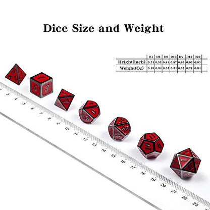 DnDnD Red D&D Game Dice,7 Die Polyhedral Metal Dice with Gift Metal Tin for RPG DND Dungeons and Dragons Dice Collector Board Game Player - color: Black Number Red