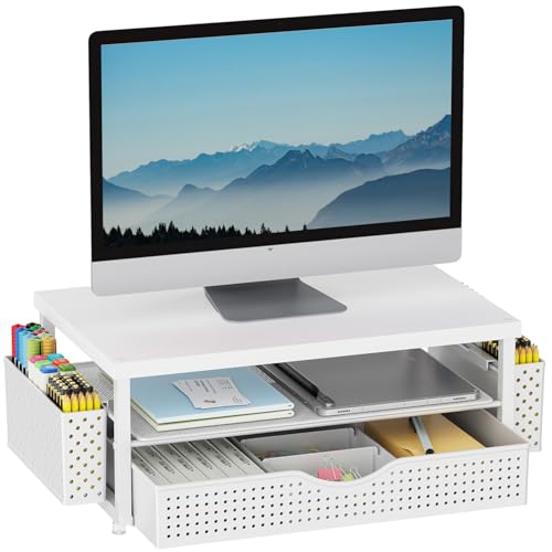 gianotter Desk Organizers and Accessories, Monitor Stand with Drawer and 2 Pen Holder, Desktop Organizer Suitable for Offices and Dormitories (White-Plain) - color: White-Plain