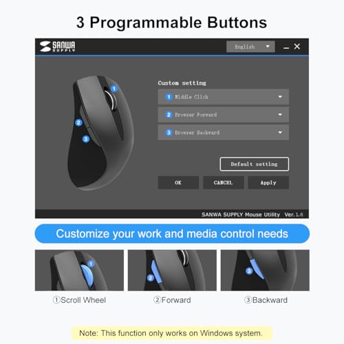 SANWA Wired Ergonomic Vertical Mouse, Silent Click & Remap with Software | 3 Programmable Buttons, Optical USB Mouse, 1000/1600 DPI, Wrist Relief, 55° Natural Comfort, Compatible Win/Mac/Laptop/PC