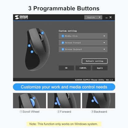 SANWA Wired Ergonomic Vertical Mouse, Silent Click & Remap with Software | 3 Programmable Buttons, Optical USB Mouse, 1000/1600 DPI, Wrist Relief, 55° Natural Comfort, Compatible Win/Mac/Laptop/PC
