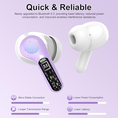 Wireless Earbuds, Bluetooth 5.4 Headphones HiFi Stereo, Bluetooth Earbuds with ENC Noise Cancelling Mic, IP7 Waterproof in Ear Earphones, 48H, LED Display Ear buds for Pad Workout Sports, Purple - color: Purple