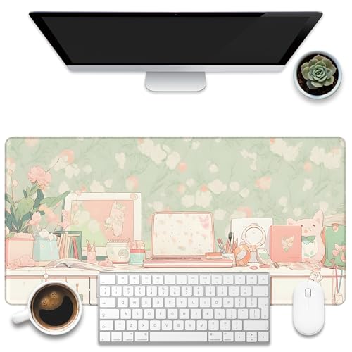 Desk Pad, Kawaii Anime Style Desk Mat, Green Cute Desktop Large Gaming Mouse Pad for Desk, 31.5"x15.7" Extended Big Computer Keyboard Mouse Pad with Non-Slip Base and Stitched Edge - color: Kawaii Anime Style