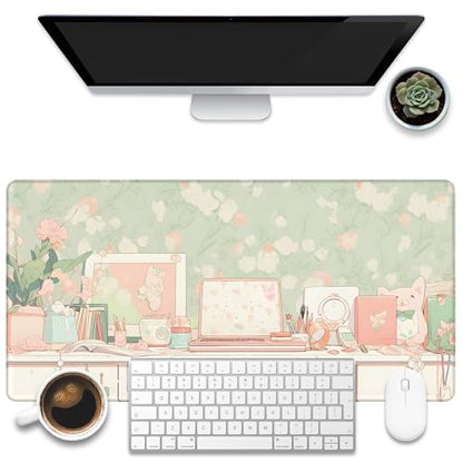 Desk Pad, Kawaii Anime Style Desk Mat, Green Cute Desktop Large Gaming Mouse Pad for Desk, 31.5"x15.7" Extended Big Computer Keyboard Mouse Pad with Non-Slip Base and Stitched Edge - color: Kawaii Anime Style