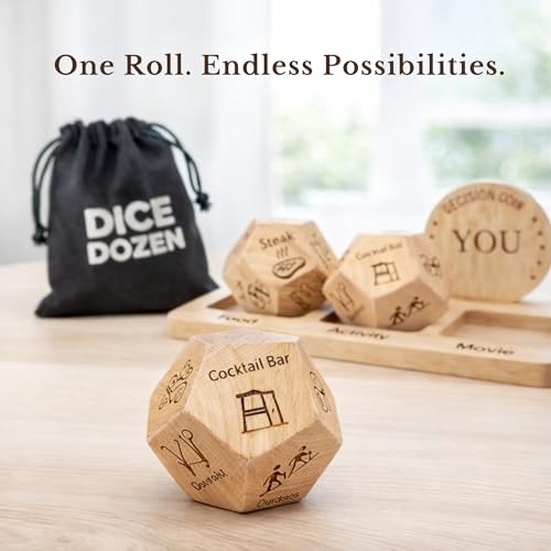 Date Night Dice, 3-in-1 Food, Dinner & Movie Decision Dice Game | Choose meals, movies & activities with every roll; great gift for couples, birthdays, anniversaries & holidays. - style: 3-in-1 Wooden Dice + Holder
