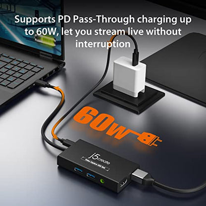 j5create Video Capture Card with PD 60W Pass-Through Charging | Built-in Multi-Function hub, Suitable for Streaming, Live Broadcasting, Video Conference, Teaching, Gaming (JVA01)