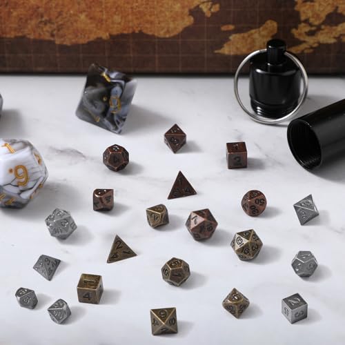 Grevosea 21 Pcs Mini Metal DND Dice Set, Antique Copper Tiny Polyhedral Dice with EDC Keychain Case, Portable Role Playing Game Accessories Gift for D&D Player TTRPG Dungeon Master