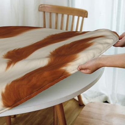 Famame Cow Brown Fur Skin Round Fitted Tablecloth with Elastic Protector Table Kitchen Dinner Waterproof Oil-Proof Table Covers Fits 40"-44", Small - color: Cow Brown Fur Skin, size: Small (40"-44")