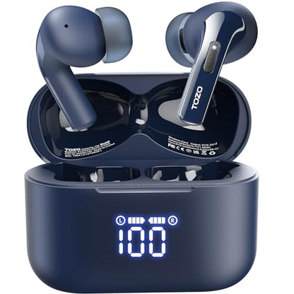 TOZO T20 Wireless Earbuds 97H Playtime, Wireless Charging LED Display Case | 10mm Deep Bass Sound, Dual Mic ENC Clear Calls, IPX8 Waterproof, Bluetooth 5.3, Comfortable Fit Ear Buds For Daily Use, Blue - color: Blue