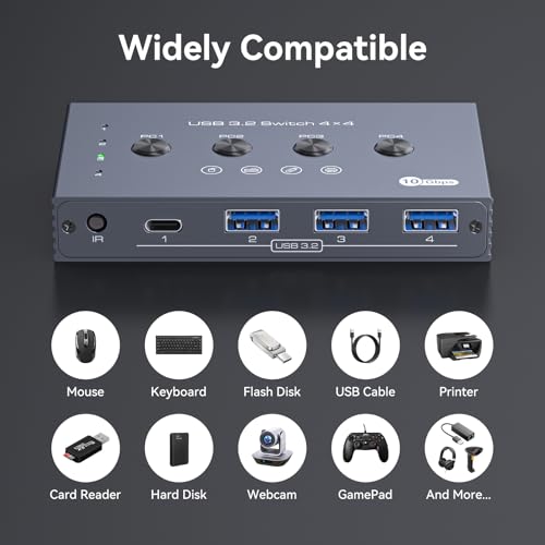USB 3.2 Switch Selector 4 Computers Share 1 USBC & 3 USBA Devices 10Gbps 4 Port USB Switcher Sharing Keyboard Mouse Printer Scanner with Cable and Remote Control and a dapter - color: Silver Grey