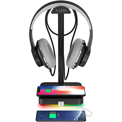KAFRI RGB Headphone Stand with Wireless Charger Desk Gaming Headset Holder Hanger Rack with 10W/7.5W QI Charging Pad and QC 3.0 USB Port - Suitable for Gamer Desktop Table Game Earphone Accessories - color: Black