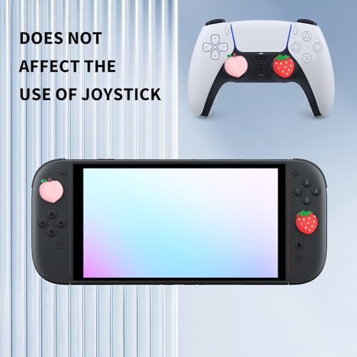 PERFECTSIGHT Cute Peach Strawberry Thumb Grip Caps for Switch 2, PS5, PS4, Xbox Series X/S, Xbox One, Switch PRO Controller, 4PCS Kawaii Soft Rubber 3D Analog Thumbsticks Grips Joystick Cover - color: Peach+Strawberry