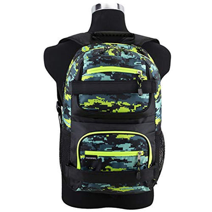 Eastsport Travel Skateboard Backpack Double Strap Laptop Bag Multi-Sport Design for Men and Women, Neon Yellow Blue Static Camo Black - color: Neon Yellow/Blue Static Camo/Black