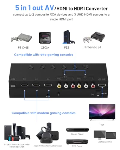 2-in-1 HDMI & AV Switcher – Play PS5 & Retro Games on 1 TV, 3 HDMI 2.0 (4K HDR) + 2 RCA Inputs – Supports Xbox Series X/Switch/Wii/PS2/N64 – HDCP 2.2, 3D, 4:3/16:9 Toggle - size: 3 Port HDMI Switch & 2 AV Inputs