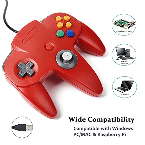 KIWITATA Classic N64 USB Controller, N64 Wired Remote Joystick Game Controller Gamepad for Windows PC & Mac Raspberry Pi Red - color: red
