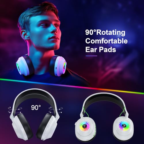 Vakedy Wireless Gaming Headset for PS5,PS4,Mac,Switch, RGB 20ms Latency | 2.4GHz & BT Gaming Headphones, 50H Battery and Noise Canceling Mic for Fortnite & Call of Duty/FPS Gamers, 50MM Drivers - color: White/Black