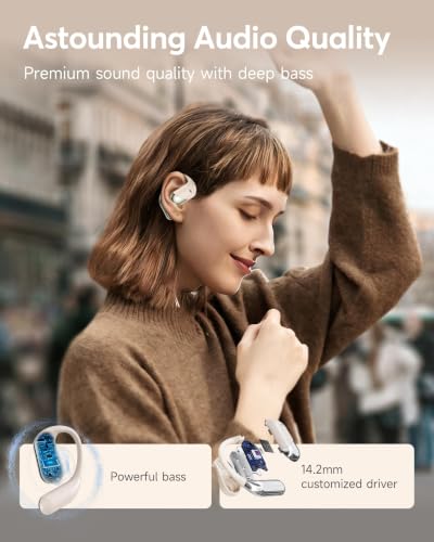 Ultra Open Ear Headphones, Over Ear Bluetooth Bone Conduction Earbuds | Bluetooth 6.1, LED Digital Display, 60H Playtime, IP55 Waterproof, Secure Earhooks for Running, Cycling & Workout - color: Light khaki