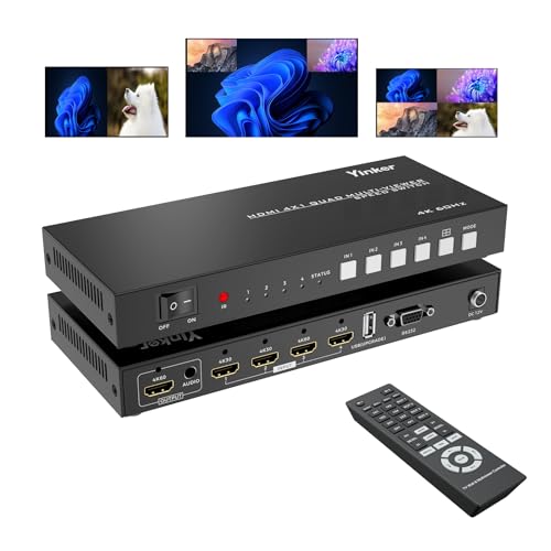 4K HDMI Quad Multi-viewer 4x1, Yinker 4 in 1 Out HDMI Quad Switcher 4 to 1 Screen Multiviewer for 4K@60Hz, Supports Audio Extractor & Screen Rotation & 8 Display Modes PIP PBP & IR Remote & RS232 - size: 4K 60Hz 4x1 w/o KVM