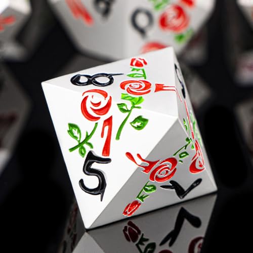 Gothic DND Dice Set Bleeding Rose Metal D and D Dice for use with Dungeons Dragons D&D Role Playing Game, Red RPG Polyhedral Dice Set D20 D12 D10 D8 D6 D4 - color: Red&silver&black Numbers