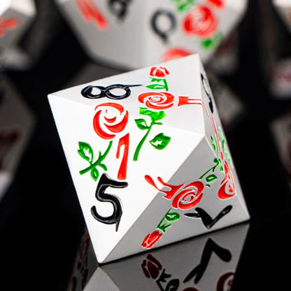 Gothic DND Dice Set Bleeding Rose Metal D and D Dice for use with Dungeons Dragons D&D Role Playing Game, Red RPG Polyhedral Dice Set D20 D12 D10 D8 D6 D4 - color: Red&silver&black Numbers