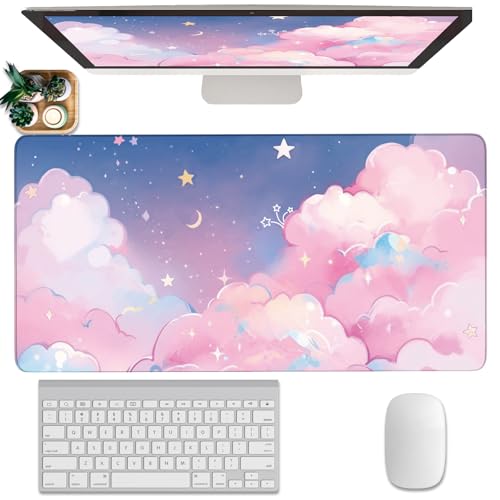 Pink Cloud Mouse Pad Extended Large Cute Desk Mat Big Desk Pad Set XXL Aesthetic Moon and Stars Gaming Mouse Pad for Keyboard Computer Laptop Home Office Accessories Girl 31.5X15.7 Inches - color: Pink Cloud