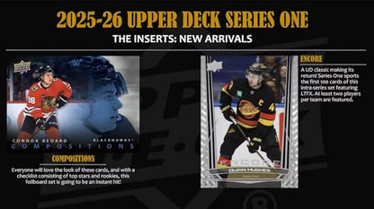 2025 2026 Upper Deck Series One Hockey Unopened Blaster Box of Packs with a Young Guns Rookie Card, an OPC Glossy Card, an Encore Insert and Green Dazzler Card Plus