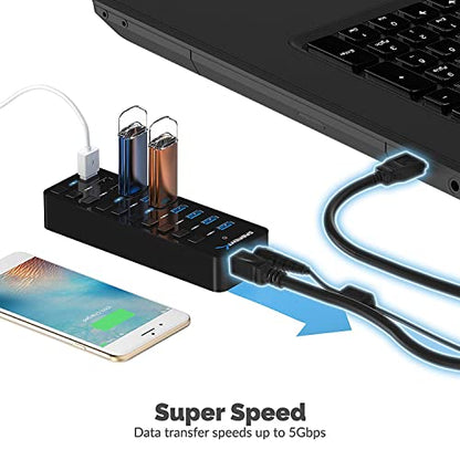 SABRENT 10-Port Powered USB 3.0 Hub, 3 Charging Ports, 60W (HB-B7C3) | Individual power switches & LEDs; for PC, Mac, Xbox, PS5, laptop, desktop - size: 10-Port - 7 USB 3.0 + 3 Charging