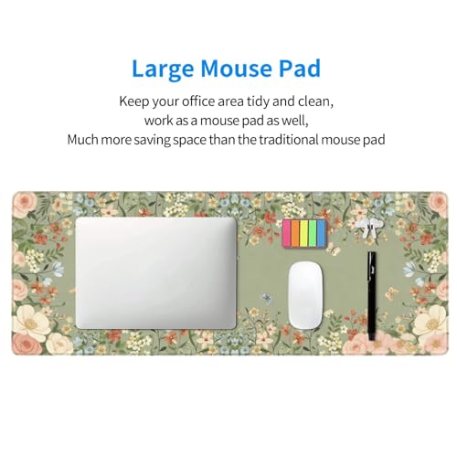 Large Gaming Mouse Pad Desk Mat, Green Girly Floral Extended Keyboard Mouse Pad Mousepad with Non-Slip Base and Stitched Edge Mouse Mat Desk Pad Mouse Pads for Desk Home Office, 31.5 x 11.8 - color: Girly Floral Green