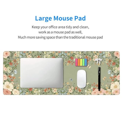Large Gaming Mouse Pad Desk Mat, Green Girly Floral Extended Keyboard Mouse Pad Mousepad with Non-Slip Base and Stitched Edge Mouse Mat Desk Pad Mouse Pads for Desk Home Office, 31.5 x 11.8 - color: Girly Floral Green